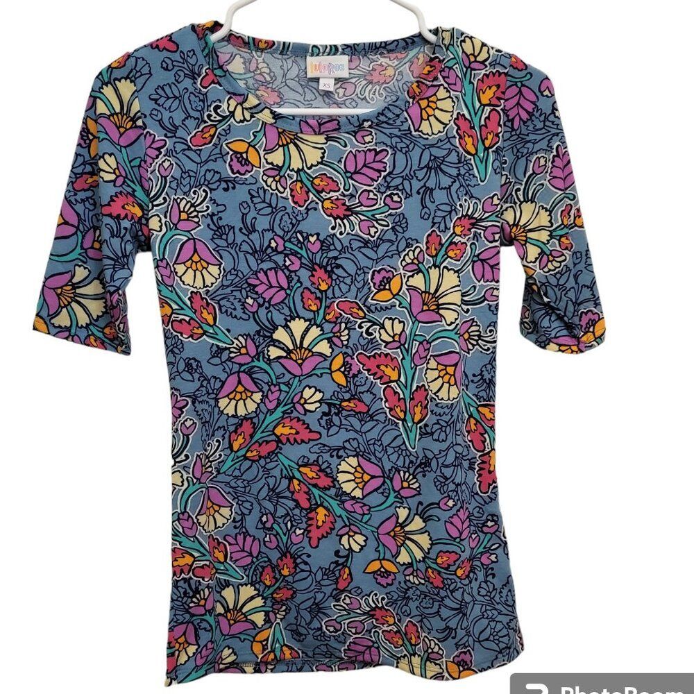 LuLaRoe Multi-Flowers on Steel Blue Background T-Shirt  Gigi - XS